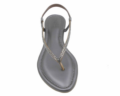 Women's gray sandal with zero height heel.