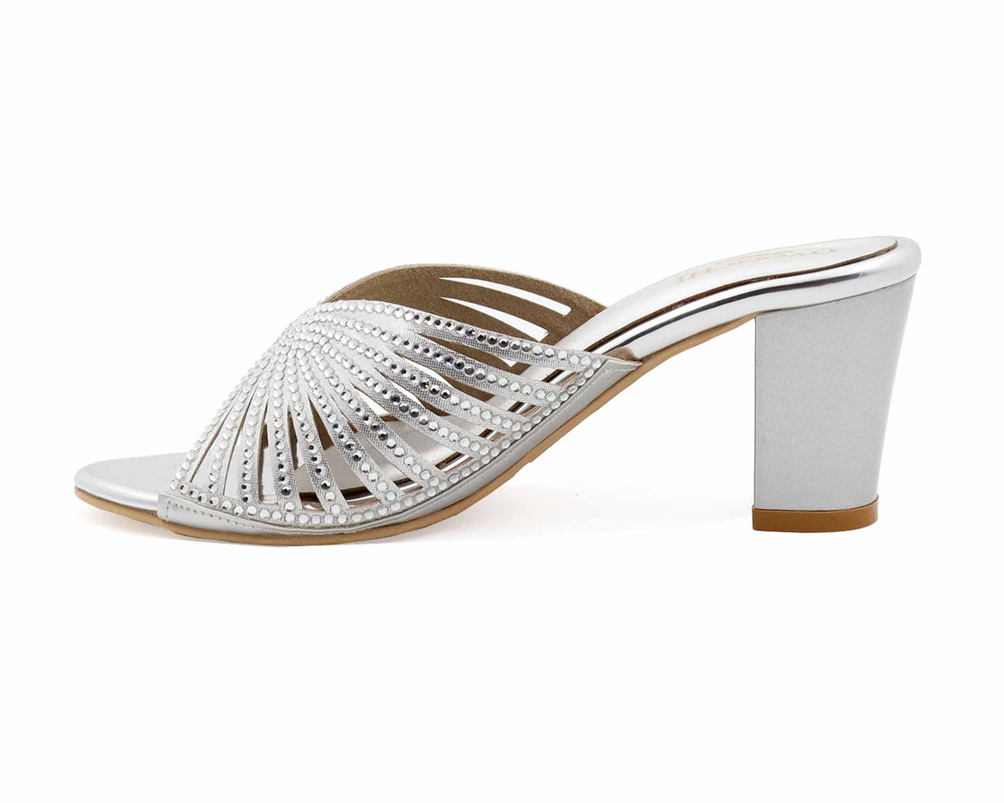 Silver women's 3 inch block heel sandal with quality stone.