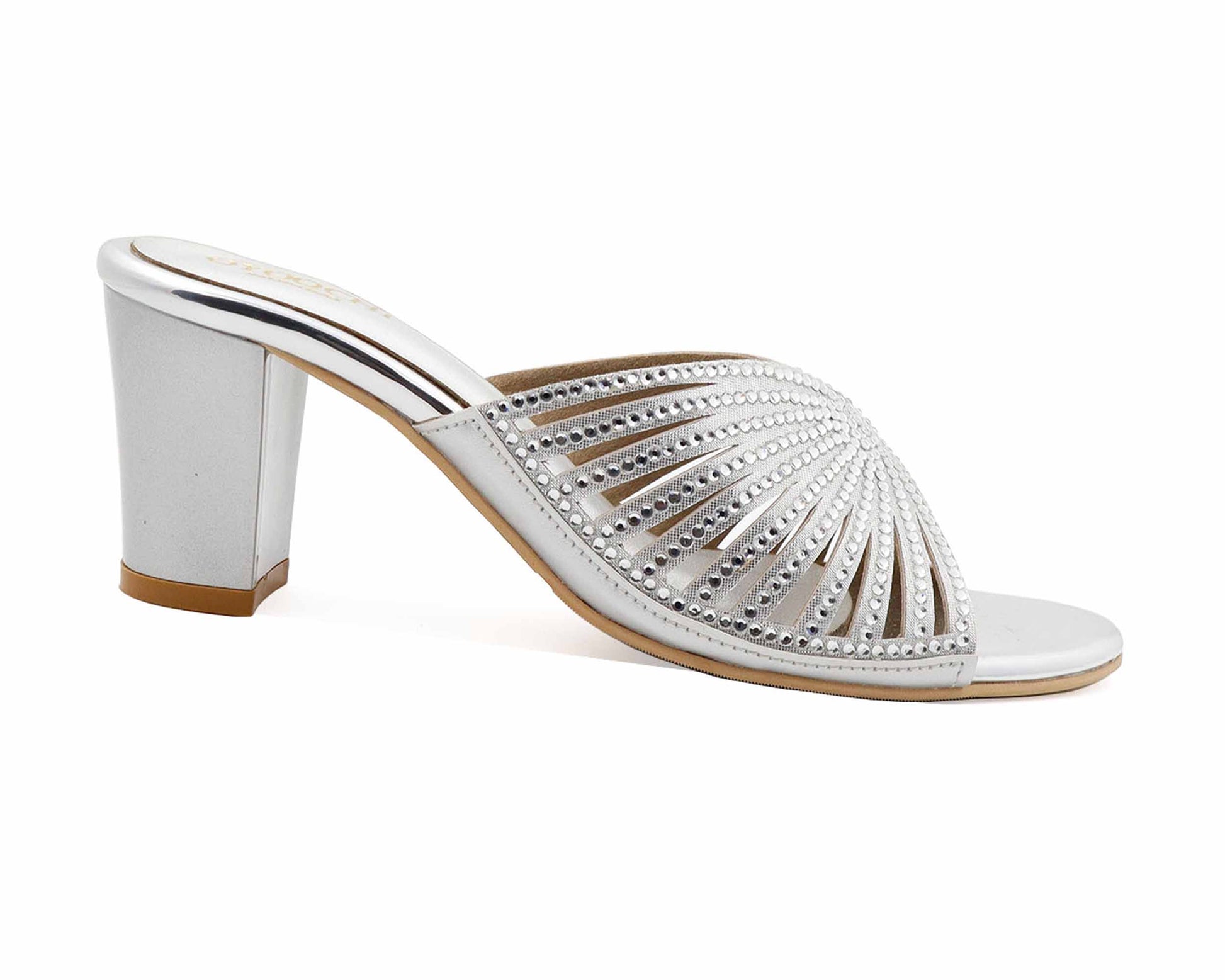 Silver women's 3 inch block heel sandal with quality stone.