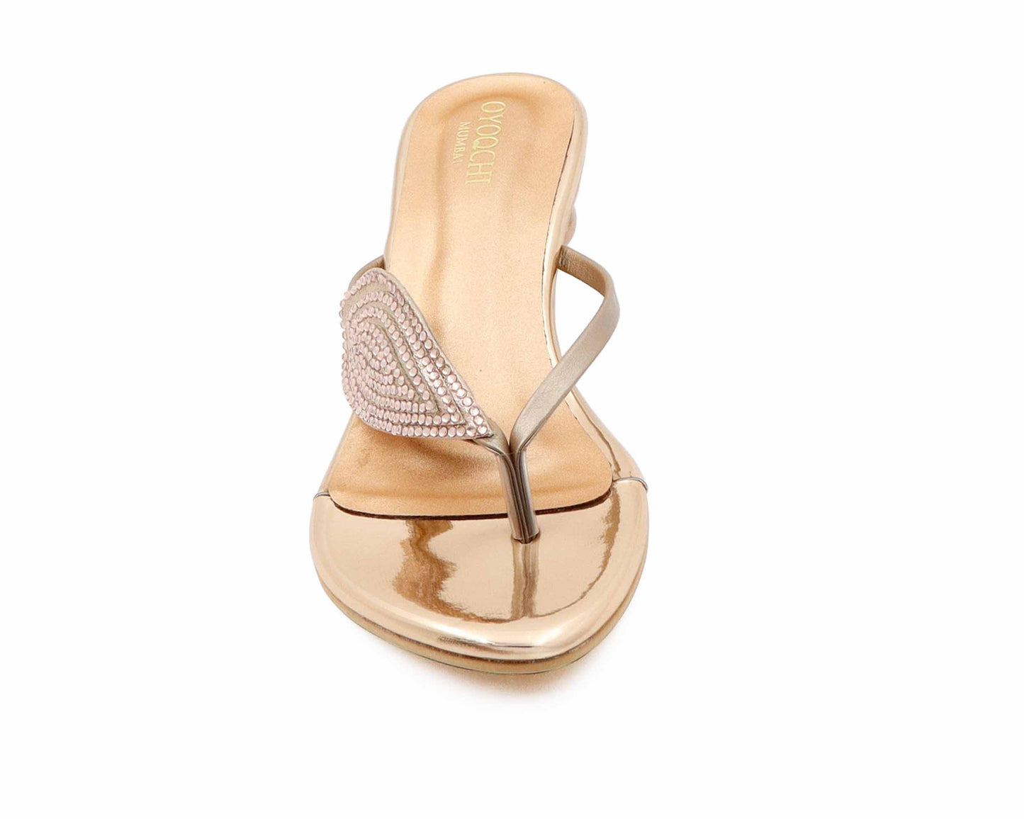 Women's rose gold v shaped slip on footwear.